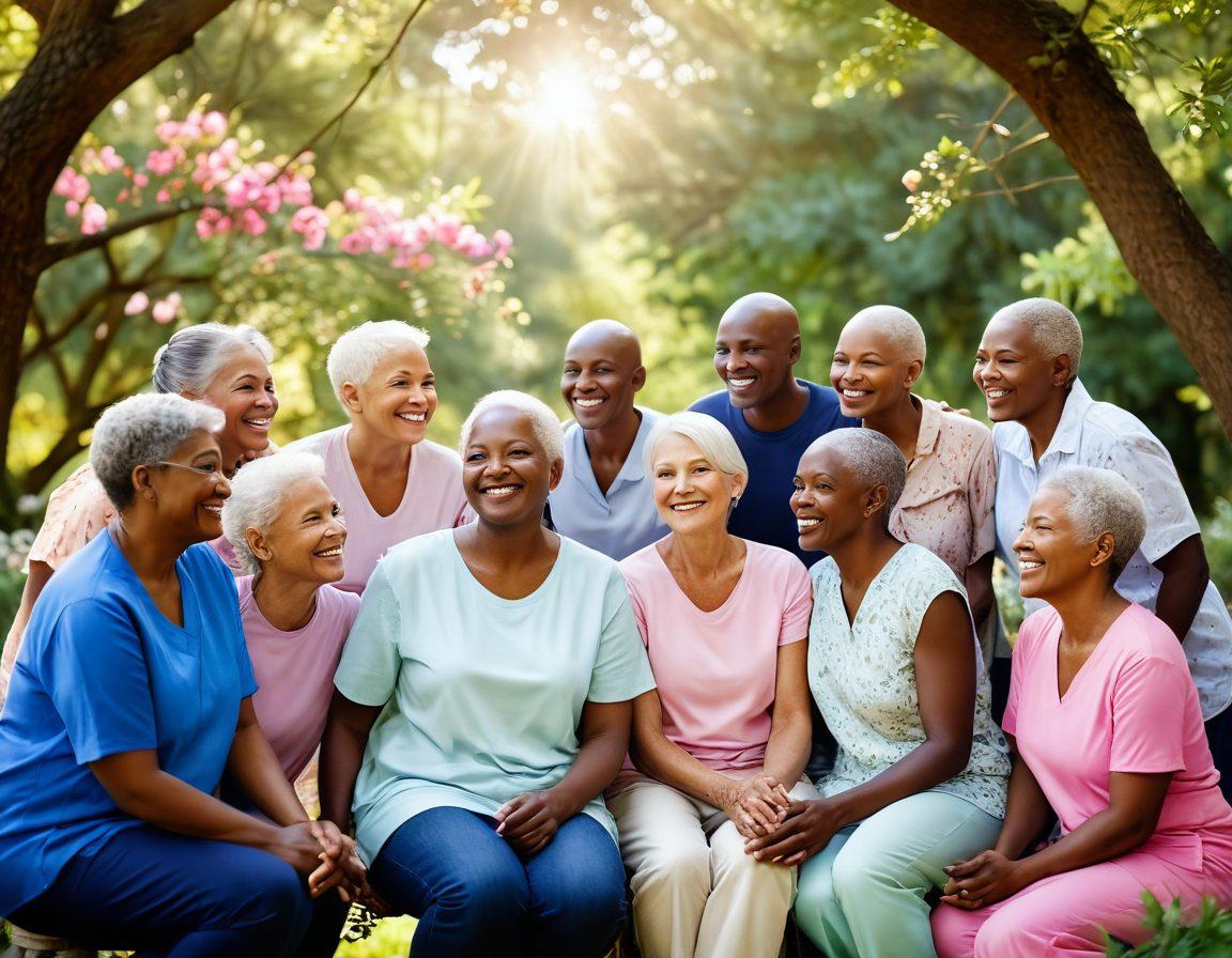 A serene scene depicting a diverse group of cancer survivors engaged in a supportive circle, sharing their stories with gentle smiles and hopeful expressions. Include vibrant blooming flowers symbolizing resilience and healing, with soft sunlight filtering through lush trees to create a warm, uplifting atmosphere. super-realistic. vibrant colors. soft-focus background.
