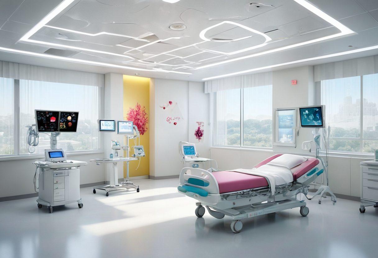 A serene hospital setting showcasing advanced medical technology for cancer care, with diverse patients engaging with compassionate healthcare professionals. Incorporate vibrant visuals of cutting-edge treatment methods like immunotherapy and personalized medicine. Include elements symbolizing hope and support, such as light beams and heart-shaped motifs. Bright colors and an uplifting atmosphere to inspire resilience. super-realistic. vibrant colors. white background.