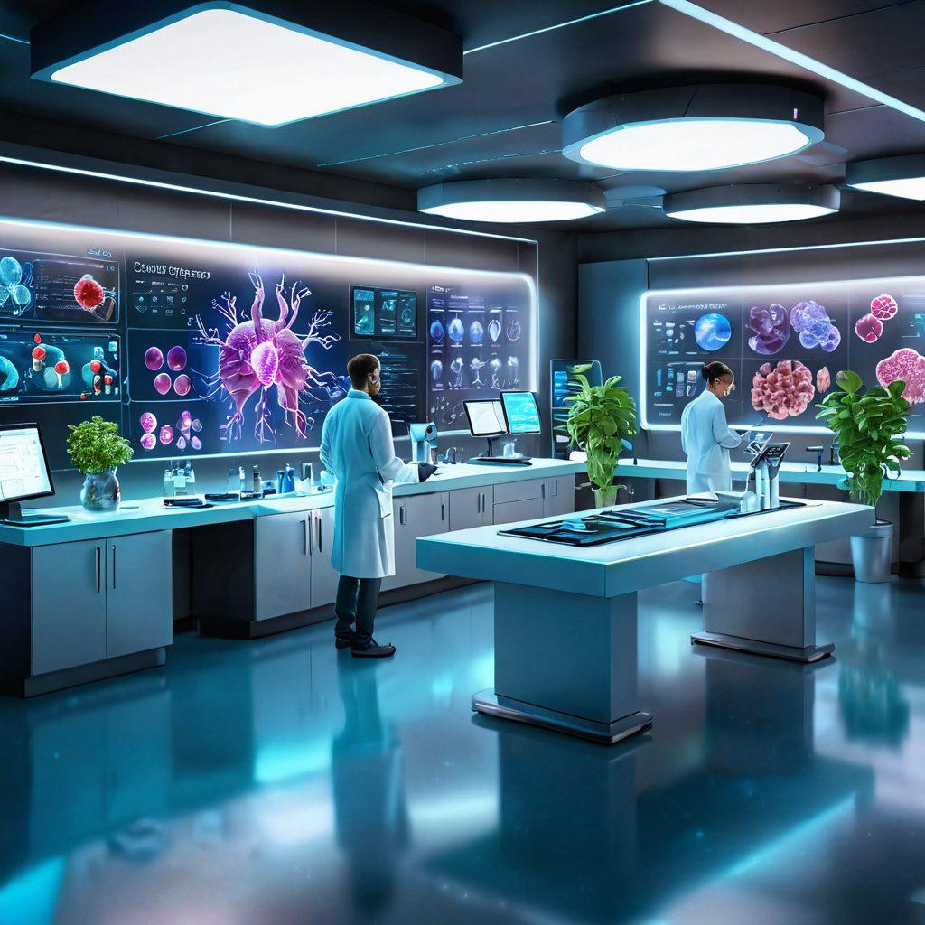 A futuristic laboratory scene showcasing advanced cancer therapies in action, highlighting scientists collaborating over holographic displays and innovative treatments. Include elements of prevention like healthy plant-based foods and exercise, integrated with supportive care tools and technology like telemedicine. The atmosphere should be bright and hopeful, symbolizing the journey from prevention to treatment. super-realistic. vibrant colors. 3D.